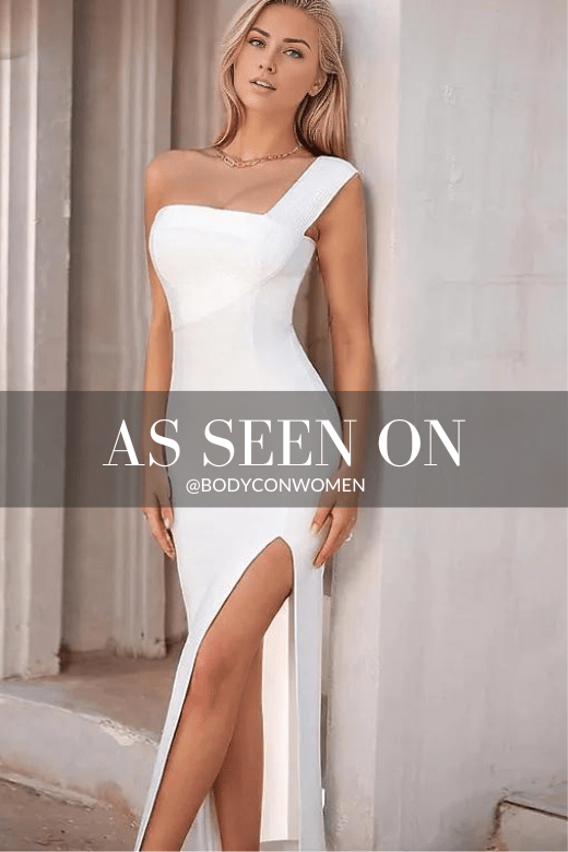 Woman wearing a figure flattering  Selene Bodycon Midi Dress - Pearl White BODYCON COLLECTION