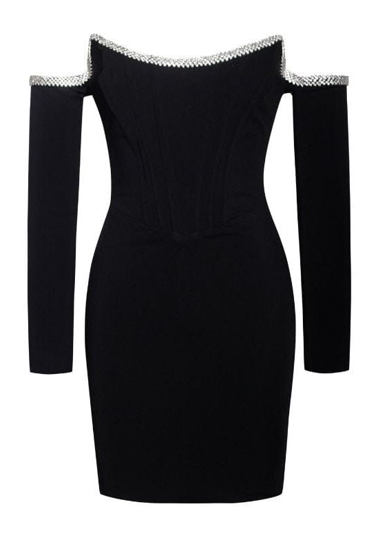 Woman wearing a figure flattering  Seline Long Sleeve Bodycon Mini Dress - Classic Black BODYCON COLLECTION