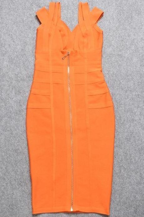Woman wearing a figure flattering  Sia Bandage Dress - Apricot Orange Bodycon Collection