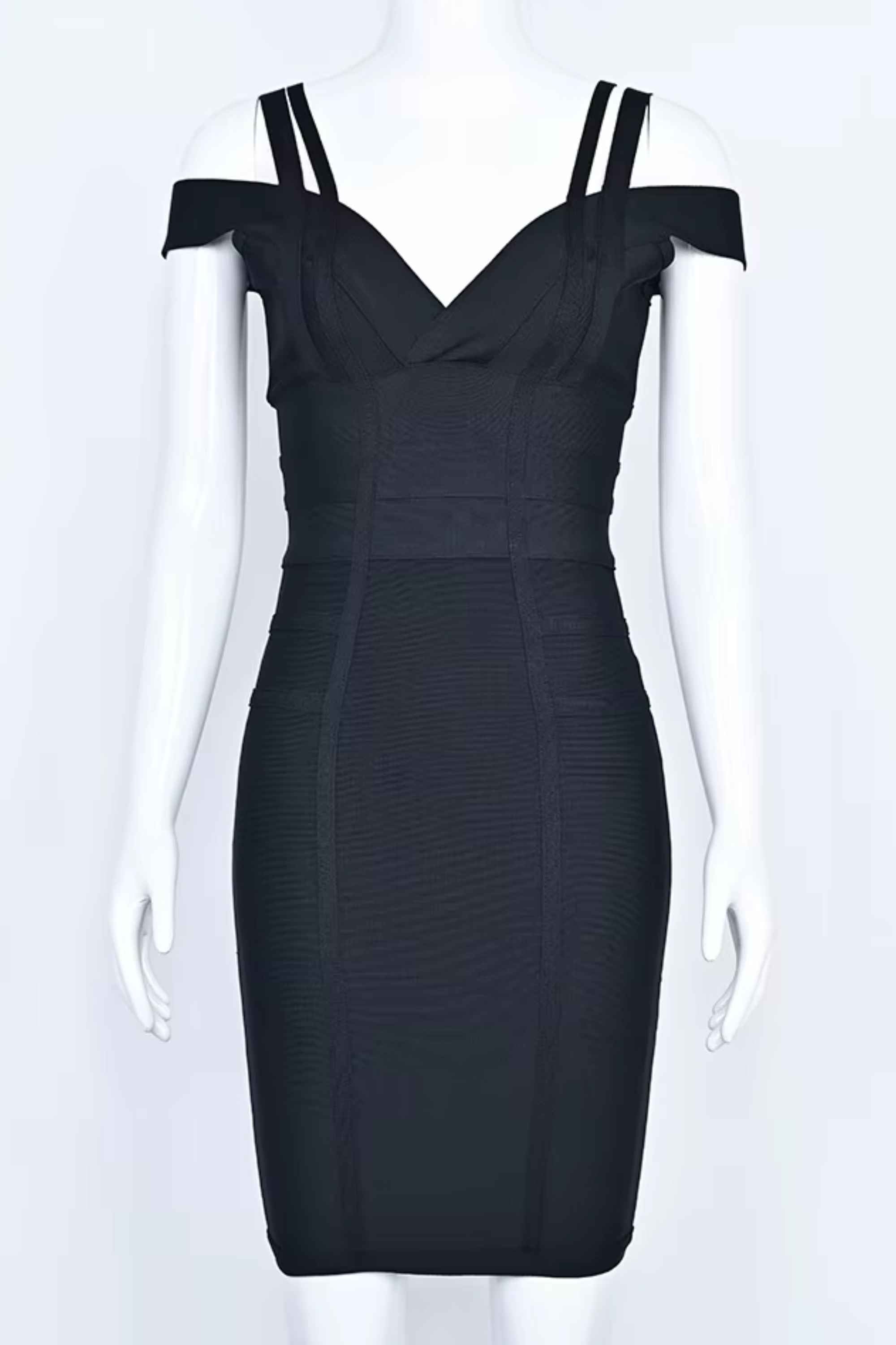 Woman wearing a figure flattering  Sia Bandage Dress - Classic Black Bodycon Collection