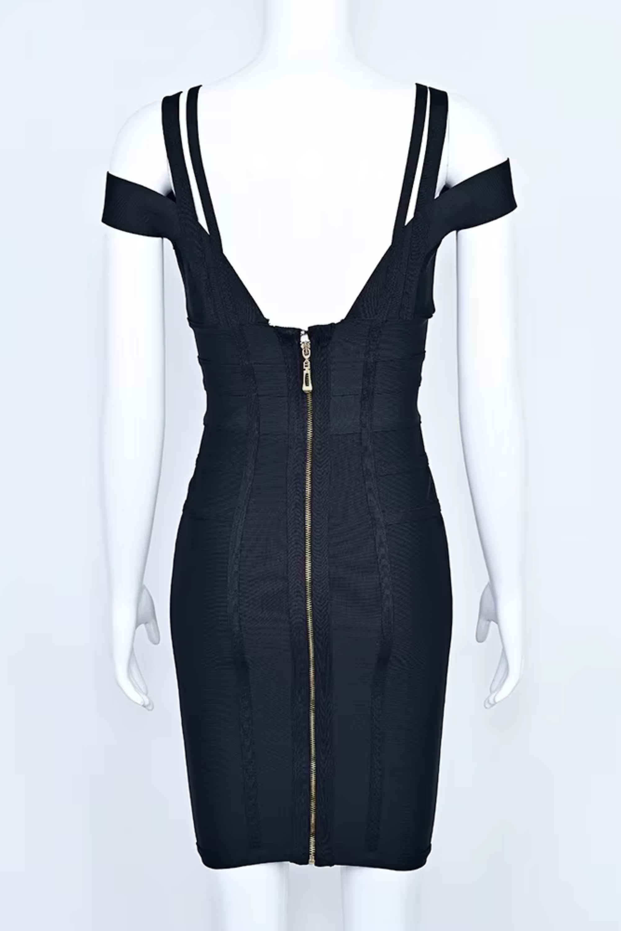 Woman wearing a figure flattering  Sia Bandage Dress - Classic Black Bodycon Collection