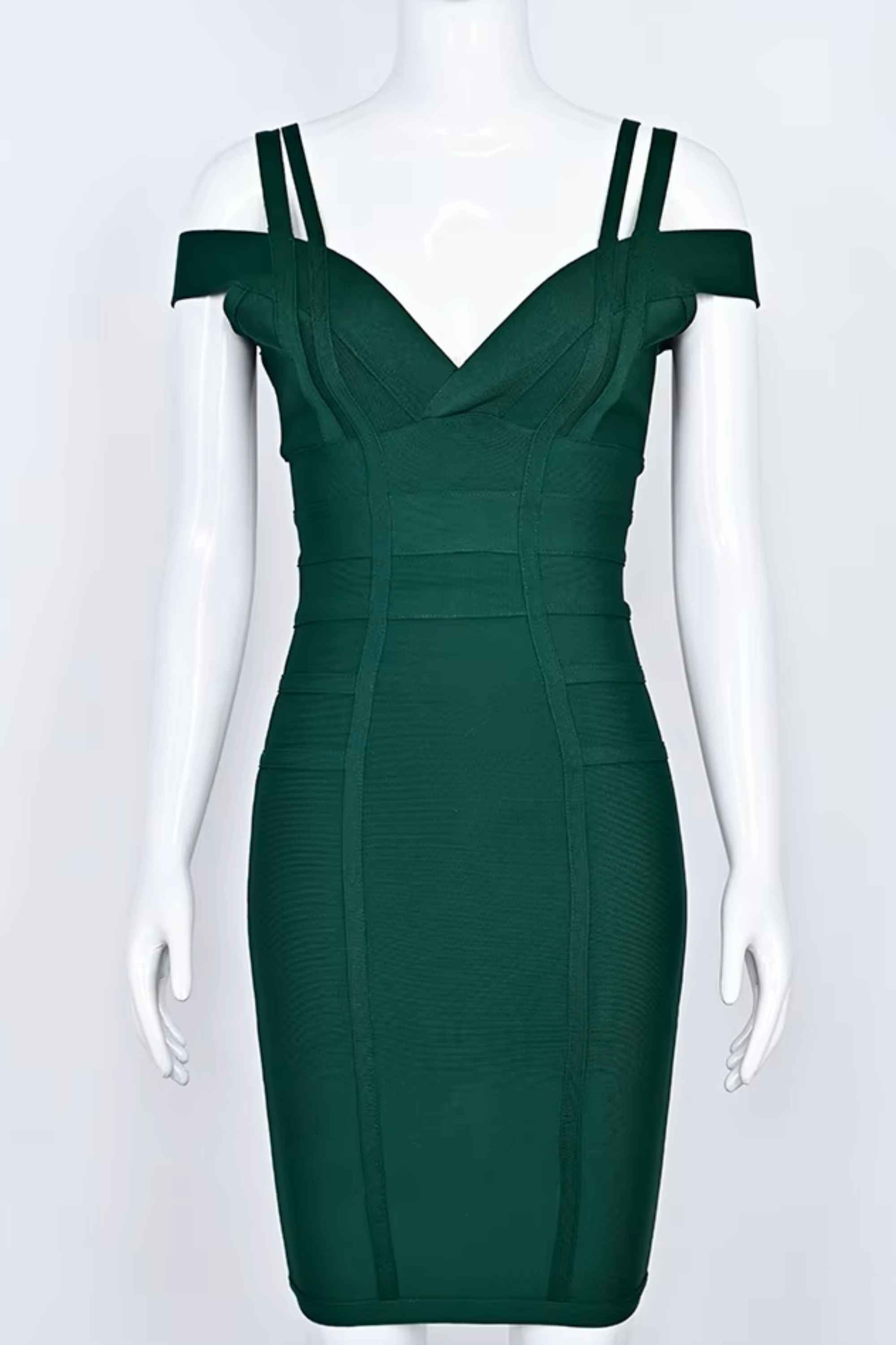 Woman wearing a figure flattering  Sia Bandage Dress - Emerald Green Bodycon Collection