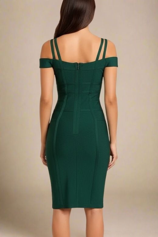 Woman wearing a figure flattering  Sia Bandage Dress - Emerald Green Bodycon Collection