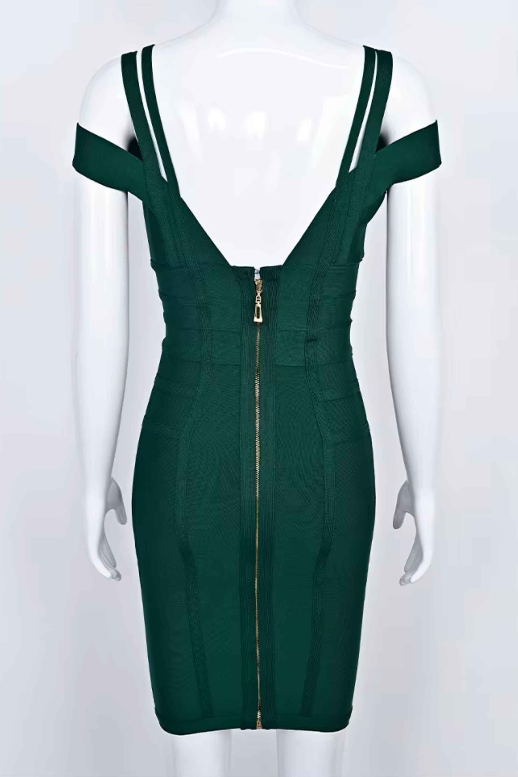 Woman wearing a figure flattering  Sia Bandage Dress - Emerald Green Bodycon Collection