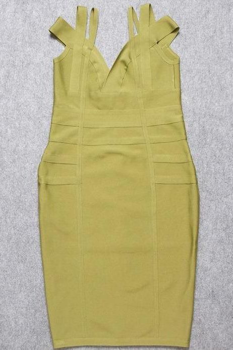 Woman wearing a figure flattering  Sia Bandage Dress - Olive Green Bodycon Collection