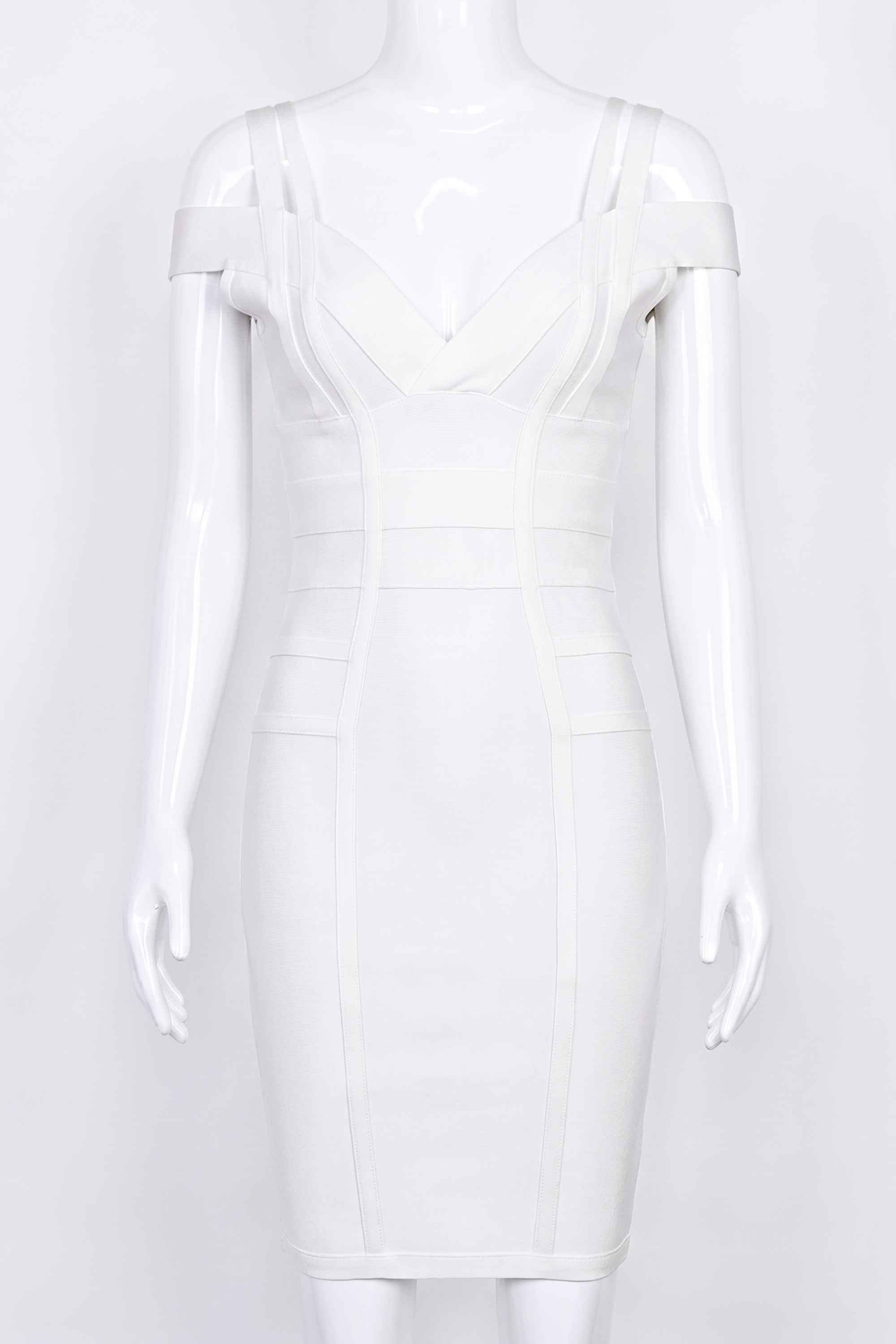 Woman wearing a figure flattering  Sia Bandage Dress - Pearl White Bodycon Collection