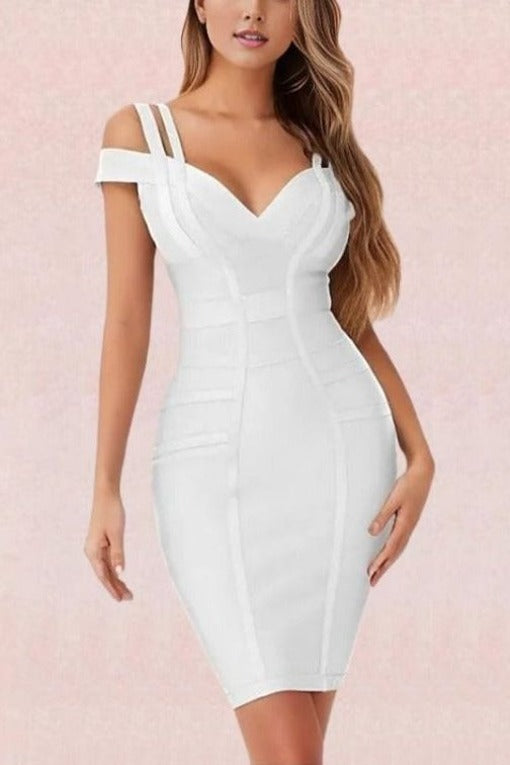 Woman wearing a figure flattering  Sia Bandage Dress - Pearl White Bodycon Collection