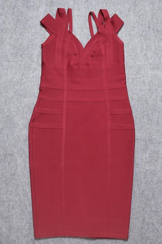 Woman wearing a figure flattering  Sia Bandage Dress - Red Wine Bodycon Collection