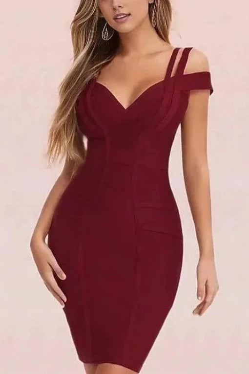 Woman wearing a figure flattering  Sia Bandage Dress - Red Wine Bodycon Collection