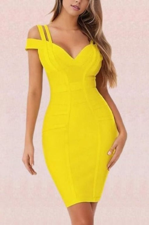 Woman wearing a figure flattering  Sia Bandage Dress - Sun Yellow Bodycon Collection