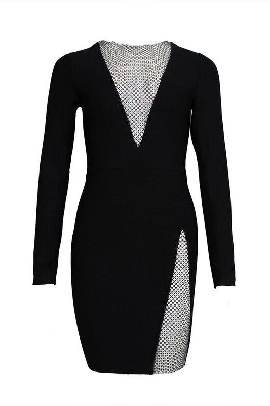 Woman wearing a figure flattering  Sofie Long Sleeve Bodycon Mini Dress - Classic Black BODYCON COLLECTION