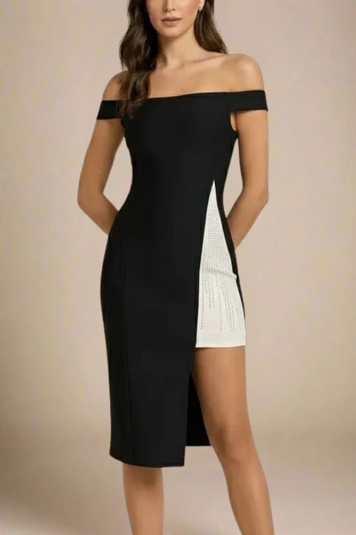 Woman wearing a figure flattering  Sofie Off Shoulder Bodycon Dress - Classic Black BODYCON COLLECTION