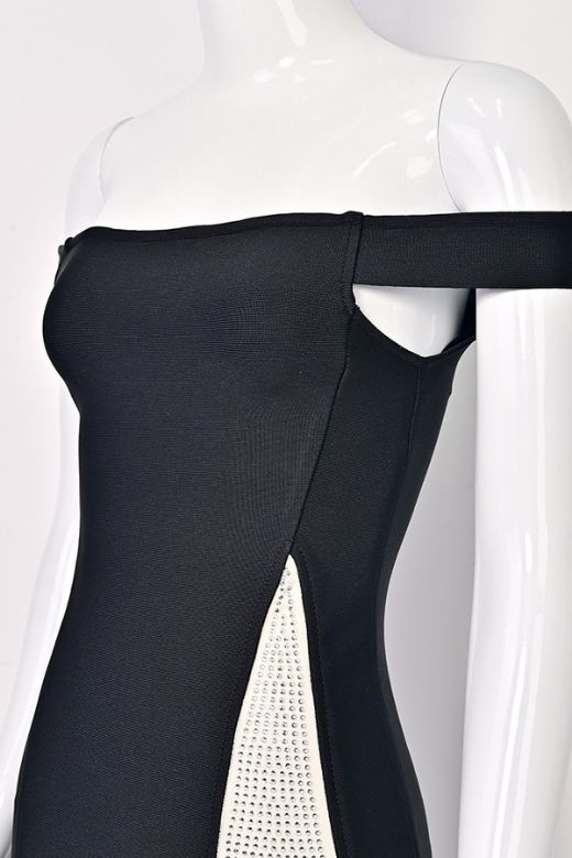 Woman wearing a figure flattering  Sofie Off Shoulder Bodycon Dress - Classic Black BODYCON COLLECTION