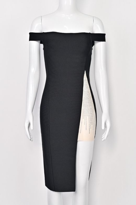 Woman wearing a figure flattering  Sofie Off Shoulder Bodycon Dress - Classic Black BODYCON COLLECTION