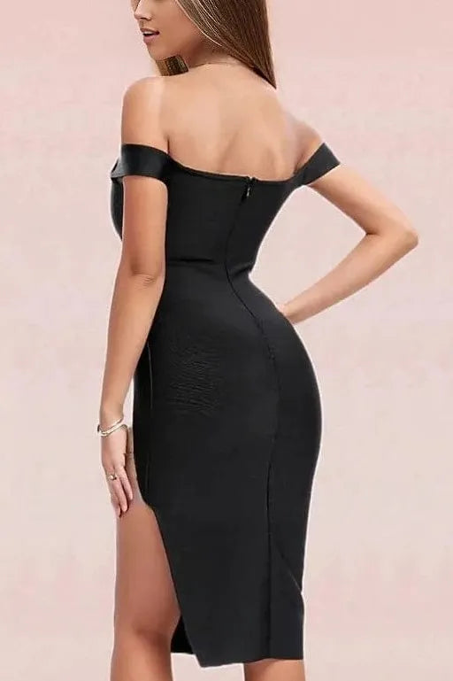Woman wearing a figure flattering  Sofie Off Shoulder Bodycon Dress - Classic Black BODYCON COLLECTION