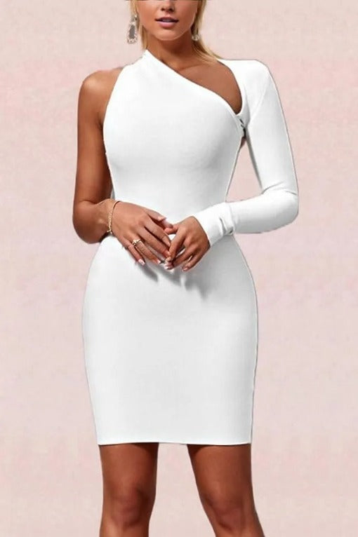 Woman wearing a figure flattering  Soho Long Sleeve Bandage Mini Dress - Pearl White BODYCON COLLECTION