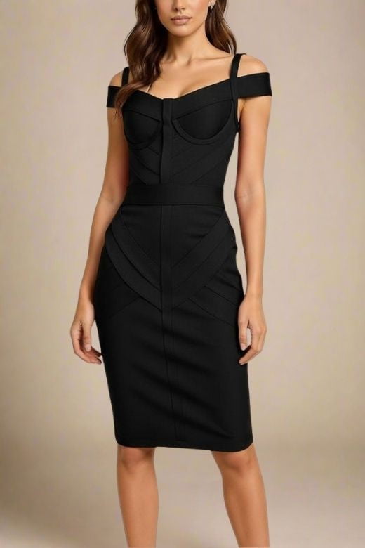 Woman wearing a figure flattering  Sophia Bandage Dress - Classic Black Bodycon Collection