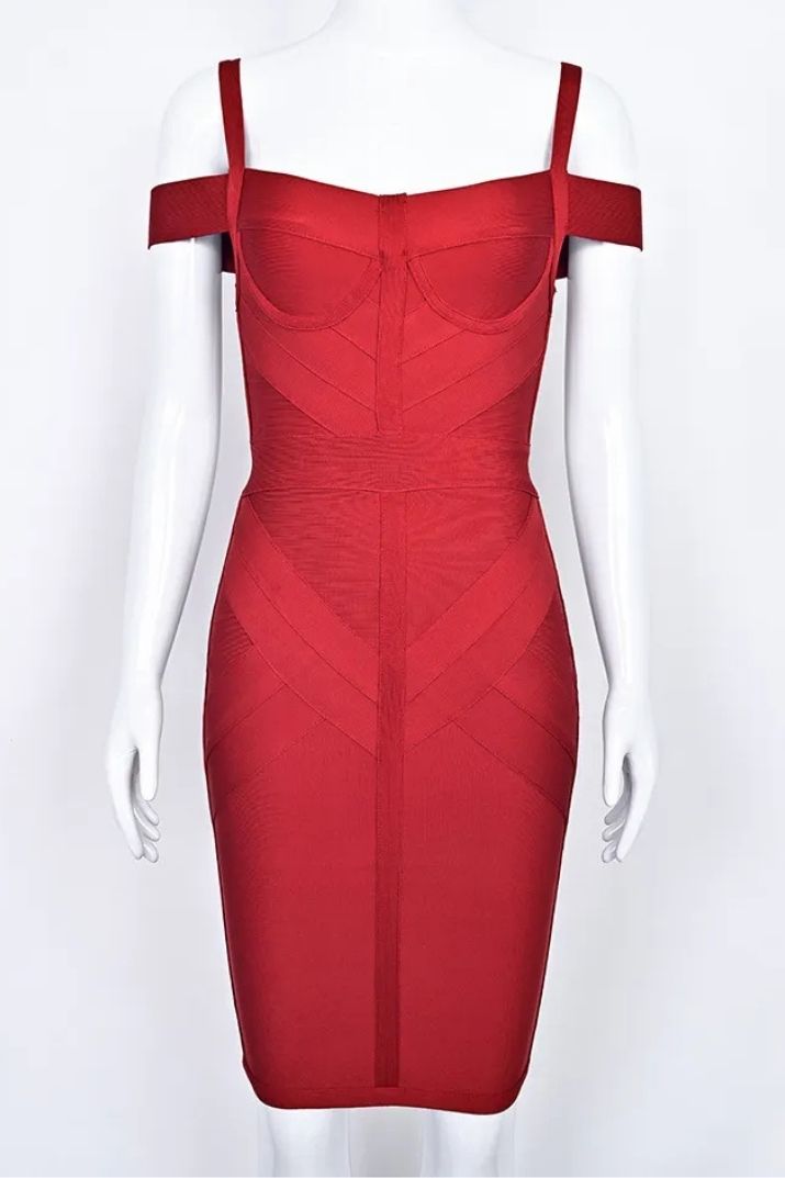 Woman wearing a figure flattering  Sophia Bandage Dress - Lipstick Red Bodycon Collection