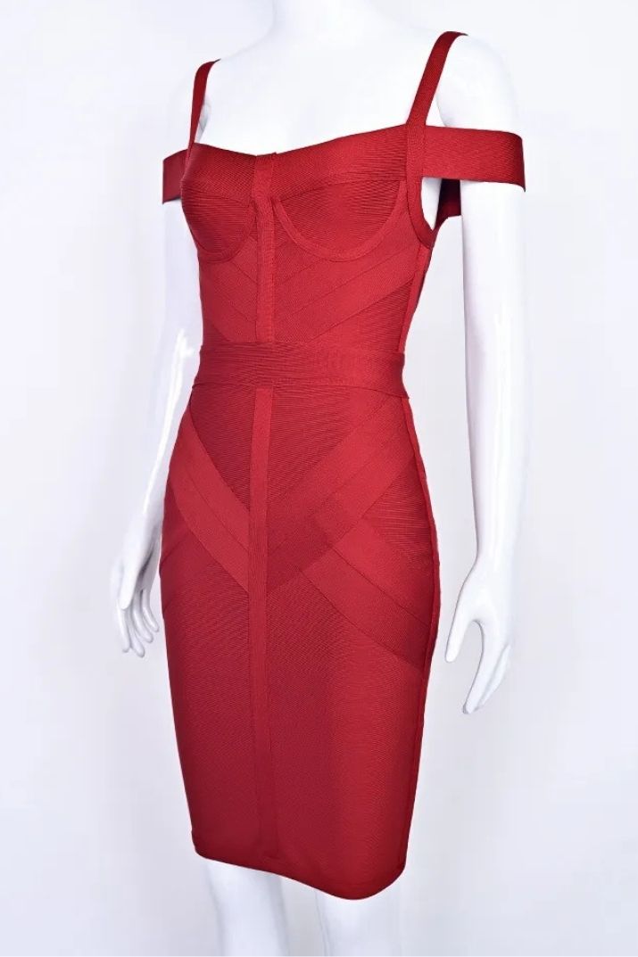 Woman wearing a figure flattering  Sophia Bandage Dress - Lipstick Red Bodycon Collection