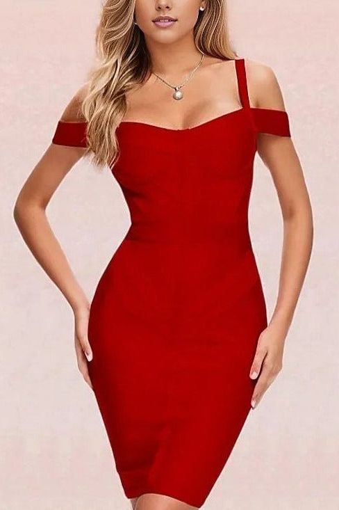 Woman wearing a figure flattering  Sophia Bandage Dress - Lipstick Red Bodycon Collection
