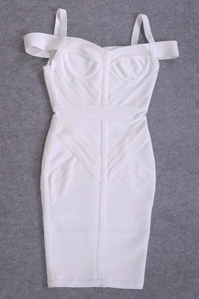 Woman wearing a figure flattering  Sophia Bandage Dress - Pearl White Bodycon Collection