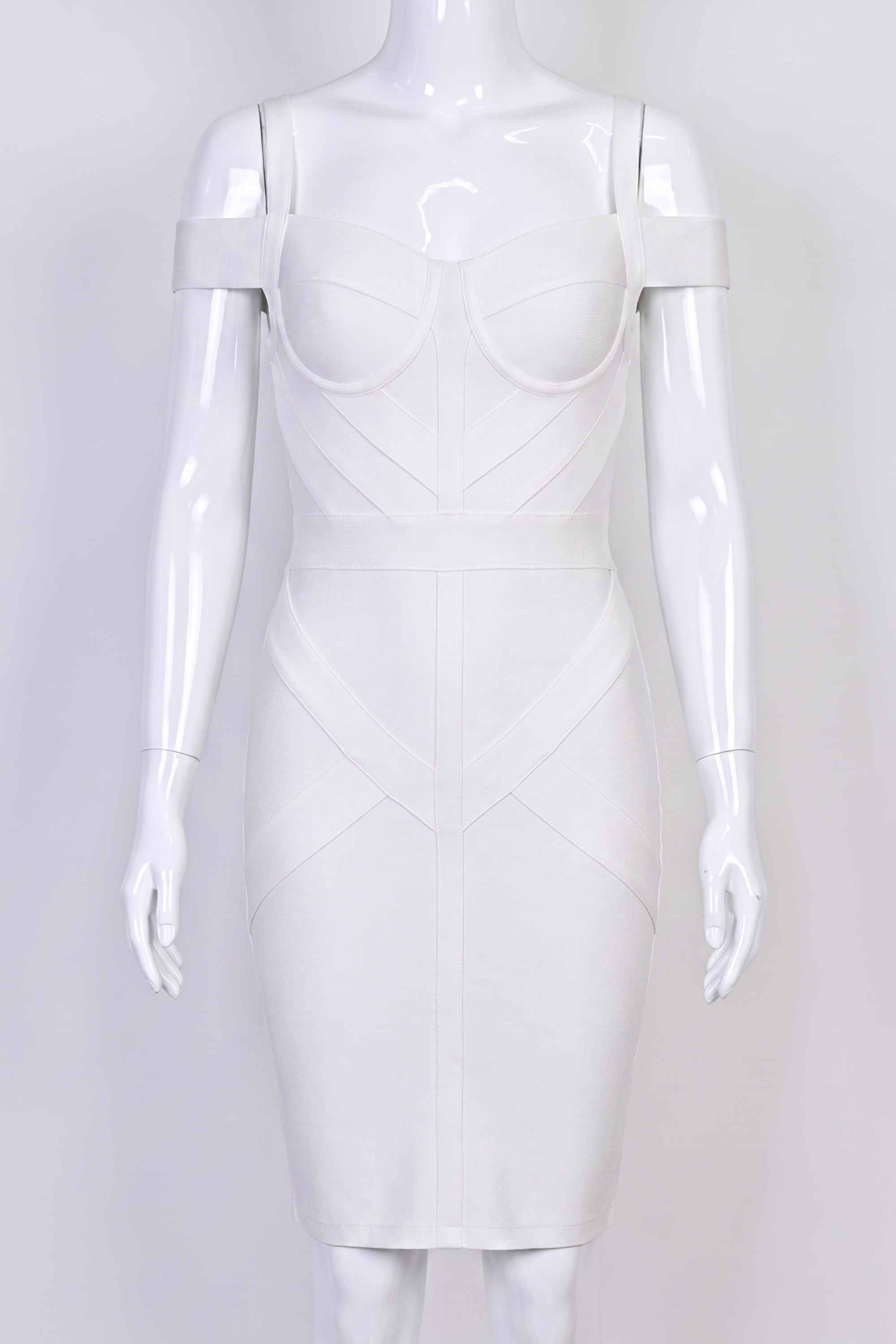 Woman wearing a figure flattering  Sophia Bandage Dress - Pearl White Bodycon Collection