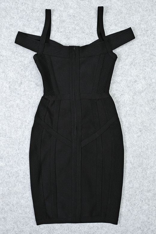 Woman wearing a figure flattering  Sophia Bandage Mini Dress - Classic Black Bodycon Collection