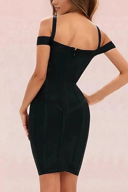 Woman wearing a figure flattering  Sophia Bandage Mini Dress - Classic Black Bodycon Collection