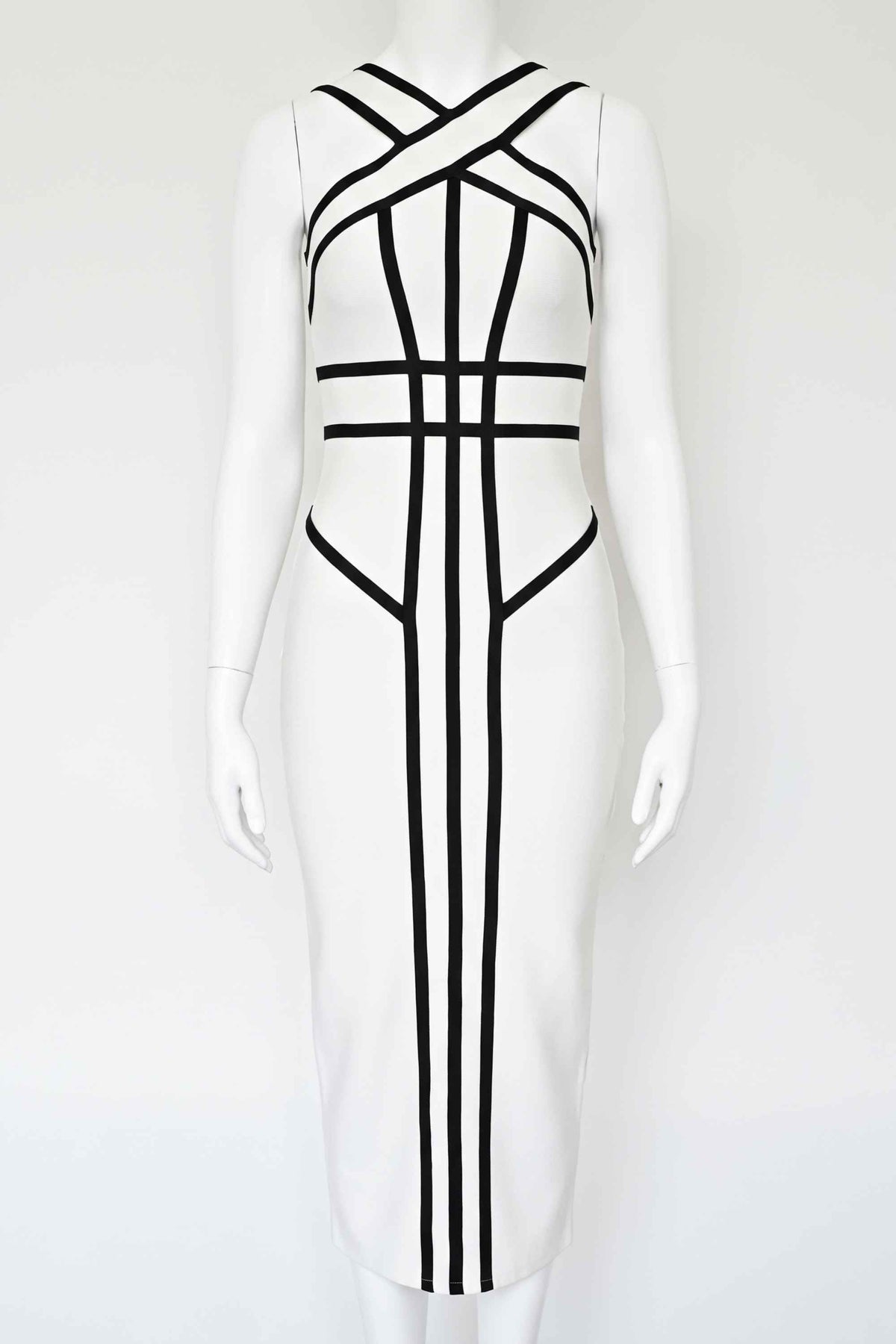 Woman wearing a figure flattering  Suki Bandage Midi Dress - White Pearl BODYCON COLLECTION