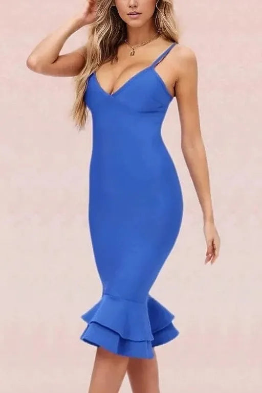 Woman wearing a figure flattering  Sydney Bandage Dress - Royal Blue BODYCON COLLECTION