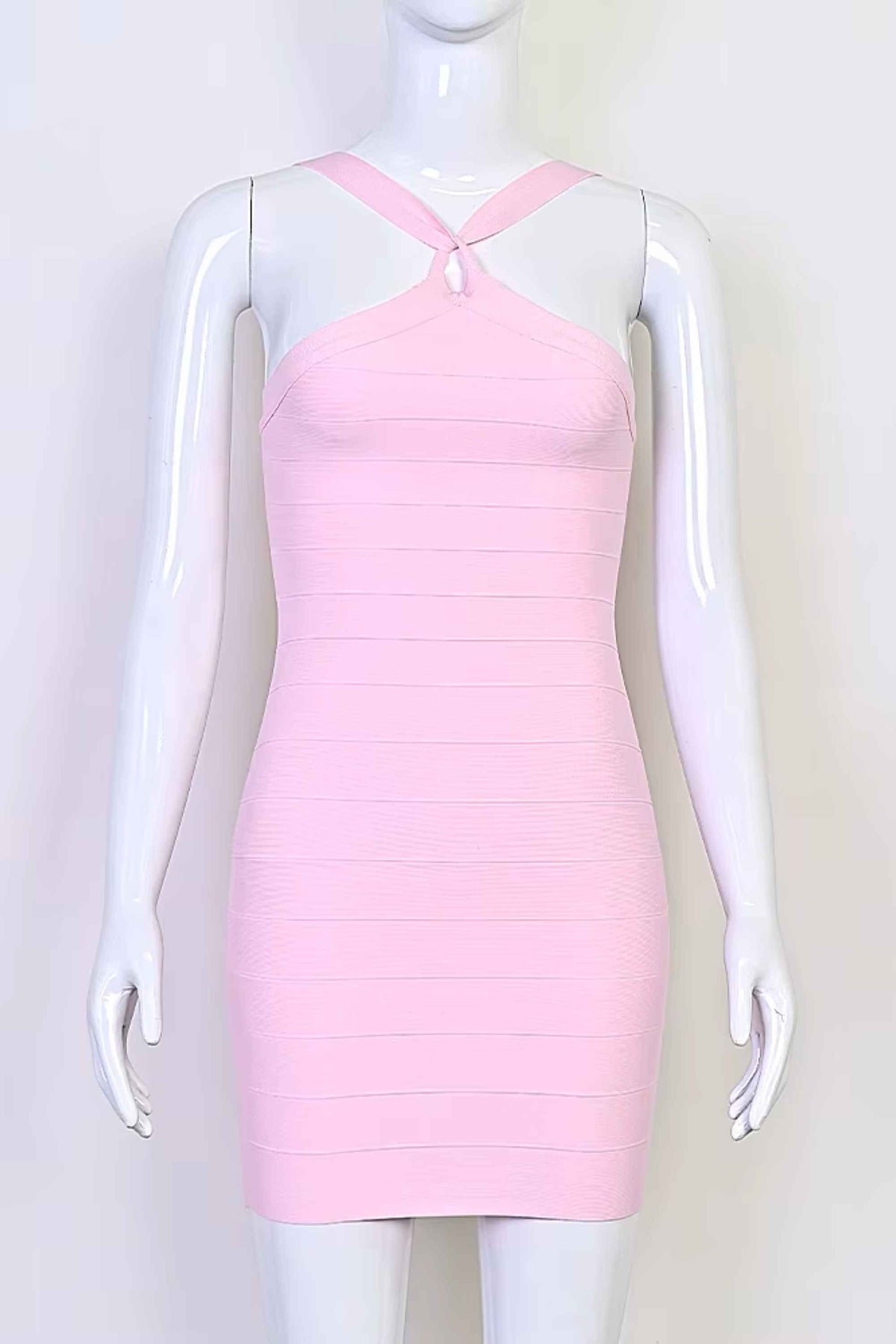 Woman wearing a figure flattering  Sydney Bandage Mini Dress - Dusty Pink BODYCON COLLECTION Pty Ltd