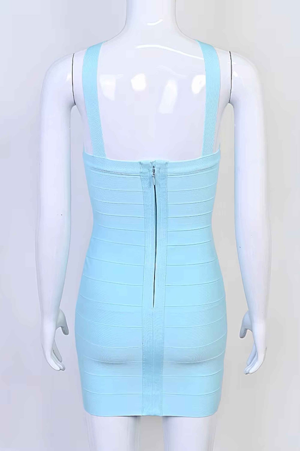 Woman wearing a figure flattering  Sydney Bandage Mini Dress - Sky Blue BODYCON COLLECTION Pty Ltd