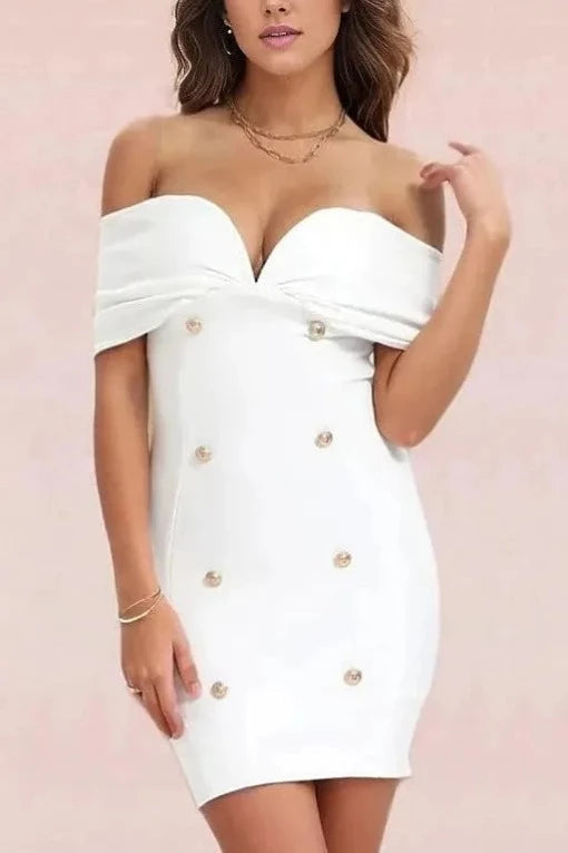 Woman wearing a figure flattering  Tanya Bandage Mini Dress - Pearl White BODYCON COLLECTION