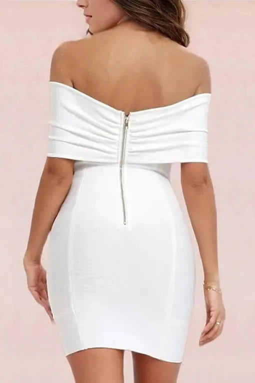 Woman wearing a figure flattering  Tanya Bandage Mini Dress - Pearl White BODYCON COLLECTION