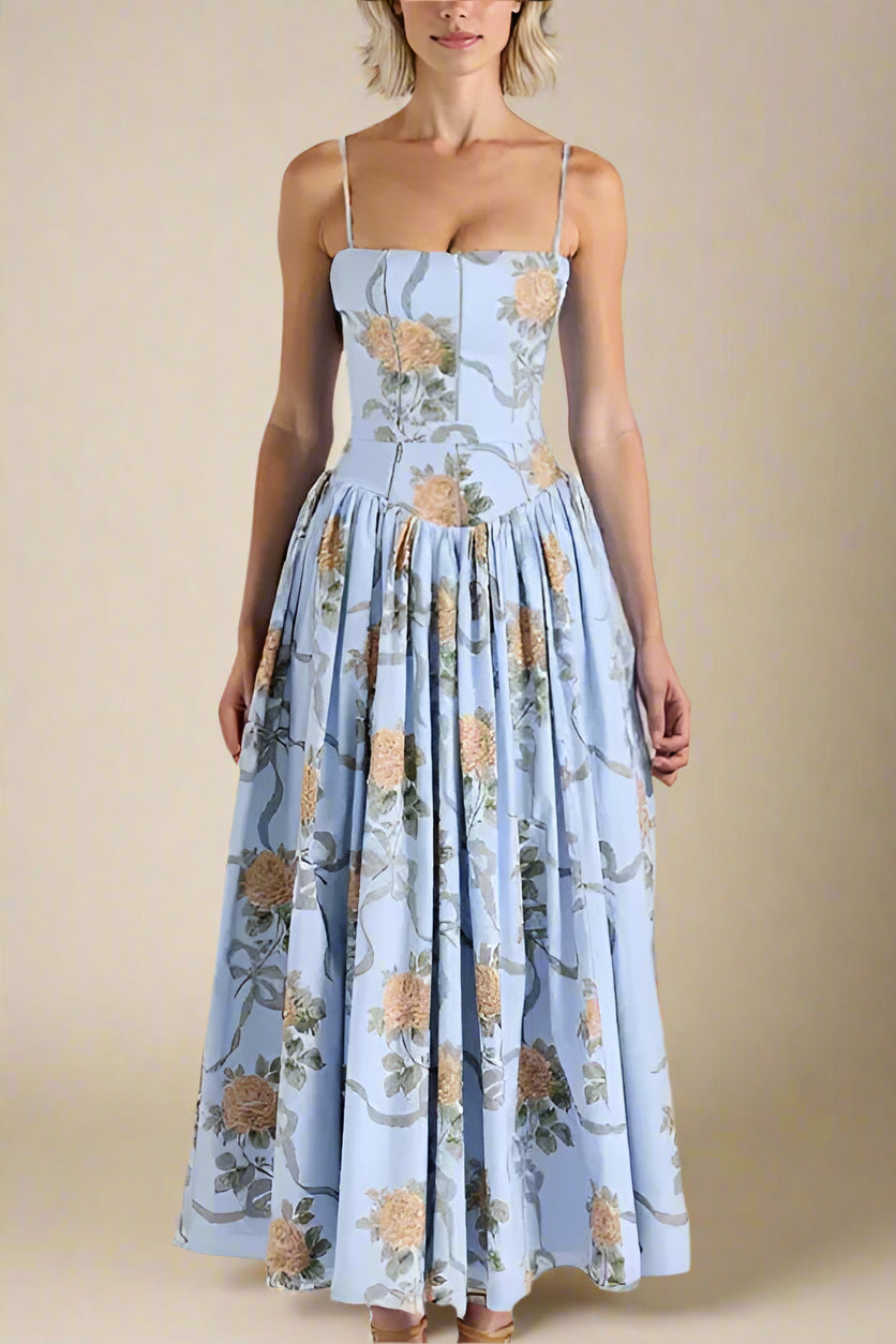 TIRAS Women Floral Print Maxi Dresses Lace Backless