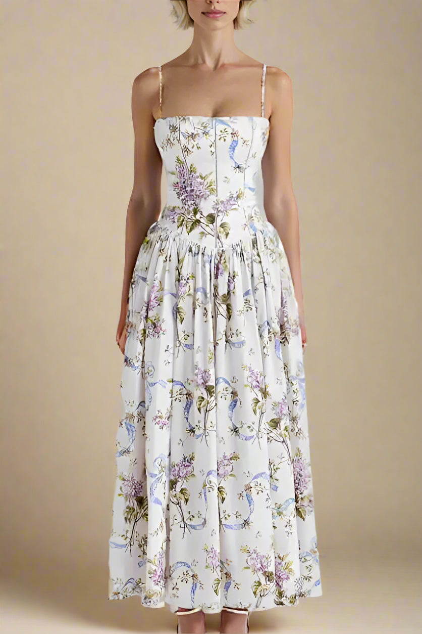 Woman wearing a figure flattering  Tasmin Bodycon Midi Dress - White Floral BODYCON COLLECTION