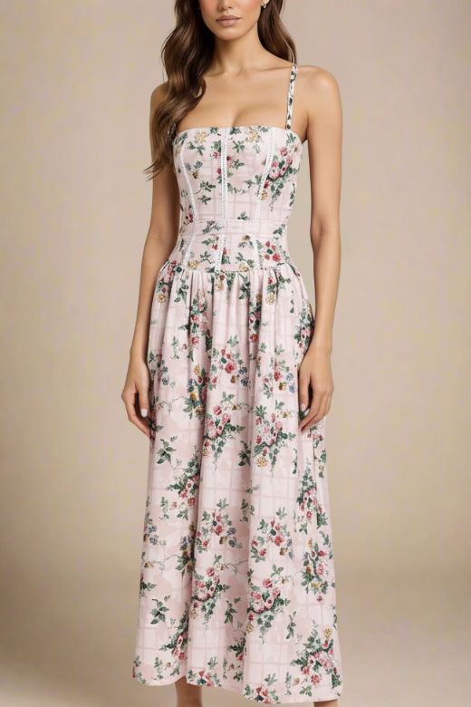 Woman wearing a figure flattering  Tasmin Midi Dress - Beige Cream BODYCON COLLECTION