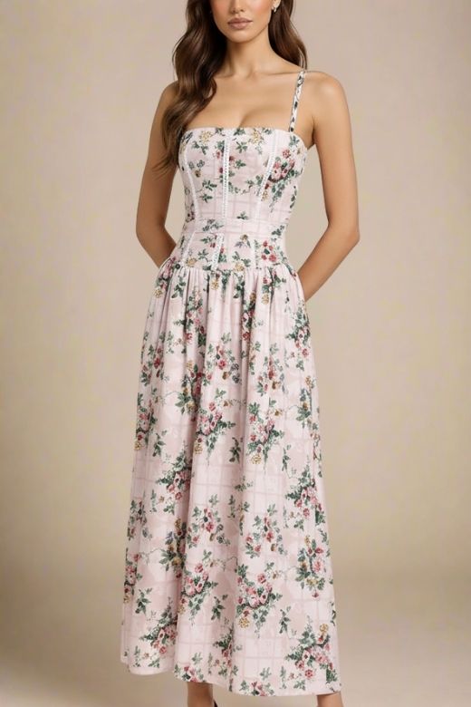 Woman wearing a figure flattering  Tasmin Midi Dress - Beige Cream BODYCON COLLECTION