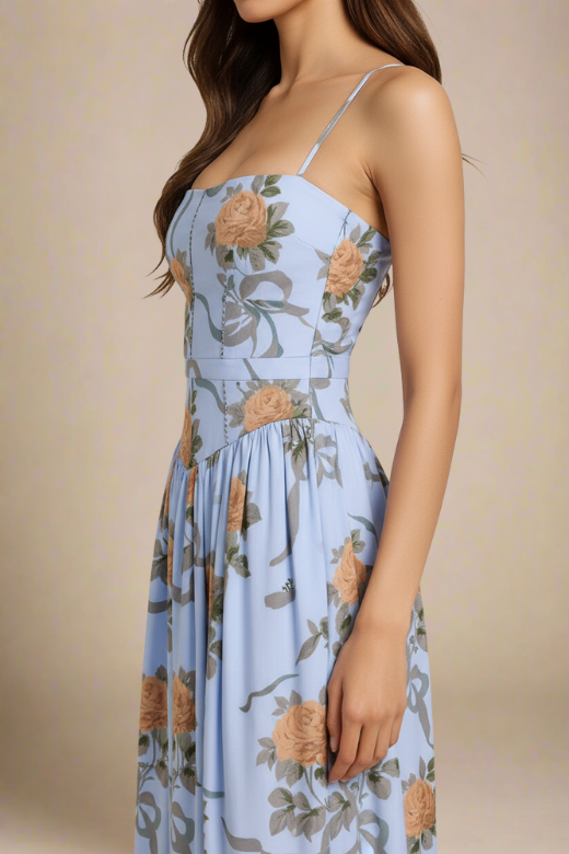 Woman wearing a figure flattering  Tasmin Midi Dress - Sky Blue BODYCON COLLECTION
