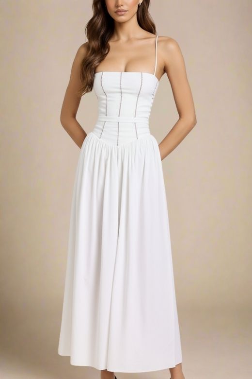 Woman wearing a figure flattering  Tasmin Midi Dress - White Pearl BODYCON COLLECTION