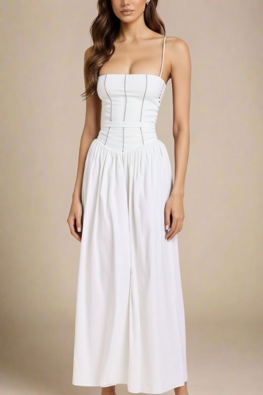 Woman wearing a figure flattering  Tasmin Midi Dress - White Pearl BODYCON COLLECTION