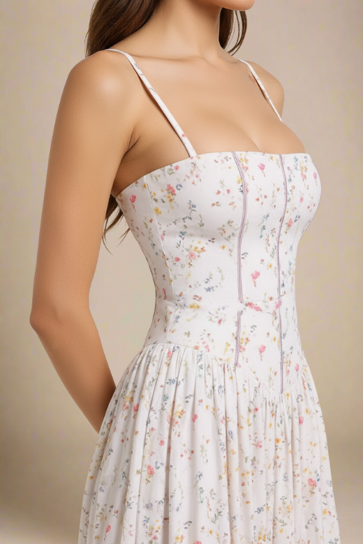 Woman wearing a figure flattering  Tasmin Midi Dress - White Print BODYCON COLLECTION