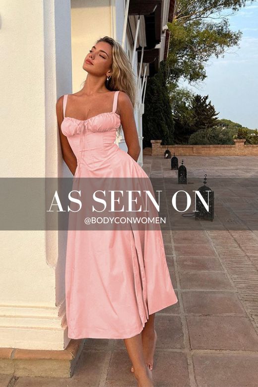 Woman wearing a figure flattering  Taylor Bodycon Day Midi Dress - Dusty Pink BODYCON COLLECTION