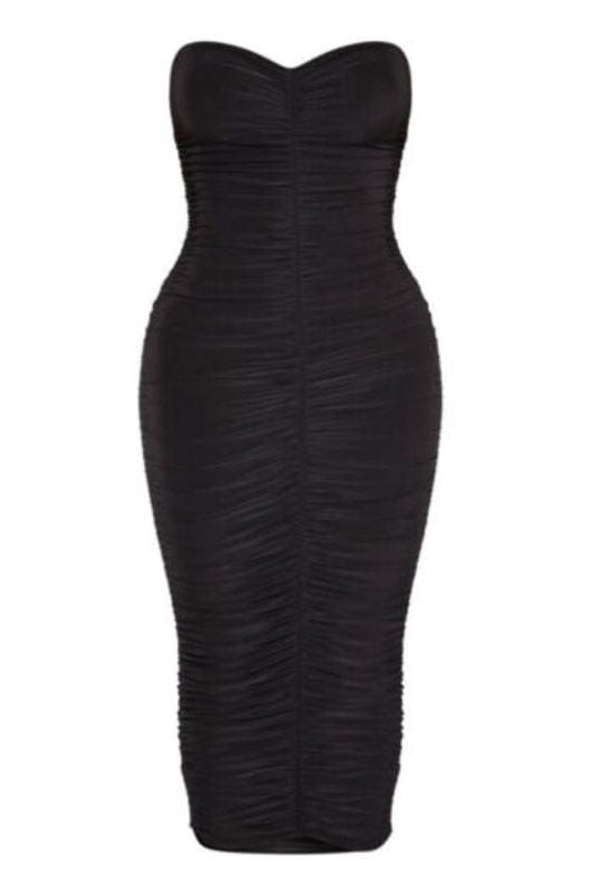 Woman wearing a figure flattering  Terese Bodycon Wrap Dress - Classic Black BODYCON COLLECTION