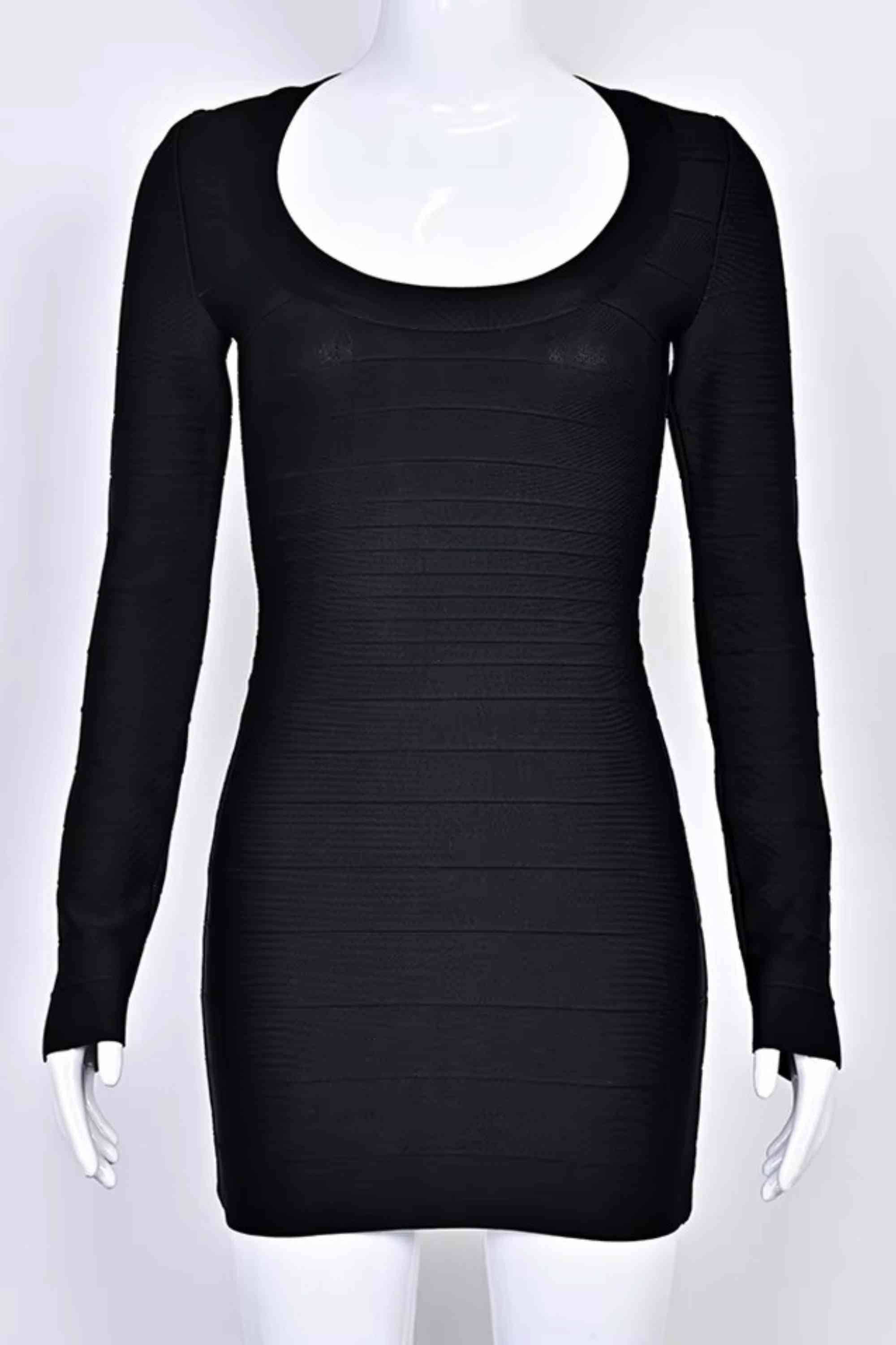 Woman wearing a figure flattering  Valentina Long Sleeve Bandage Mini Dress - Classic Black BODYCON COLLECTION Pty Ltd