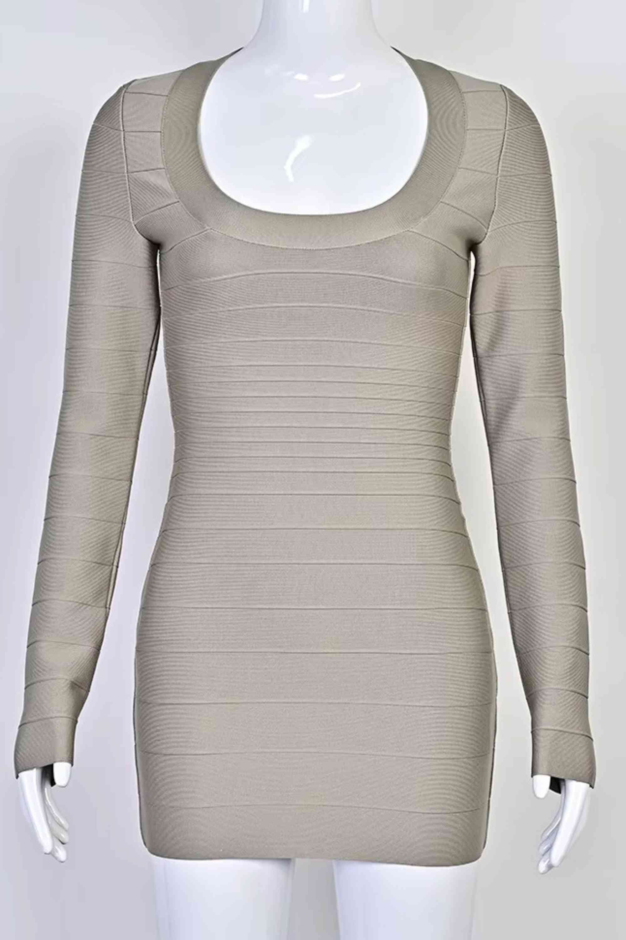 Woman wearing a figure flattering  Valentina Long Sleeve Bandage Mini Dress - Oyster Grey BODYCON COLLECTION Pty Ltd
