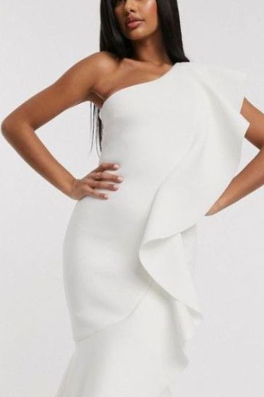 Woman wearing a figure flattering  Vera Bandage Midi Dress - Pearl White BODYCON COLLECTION