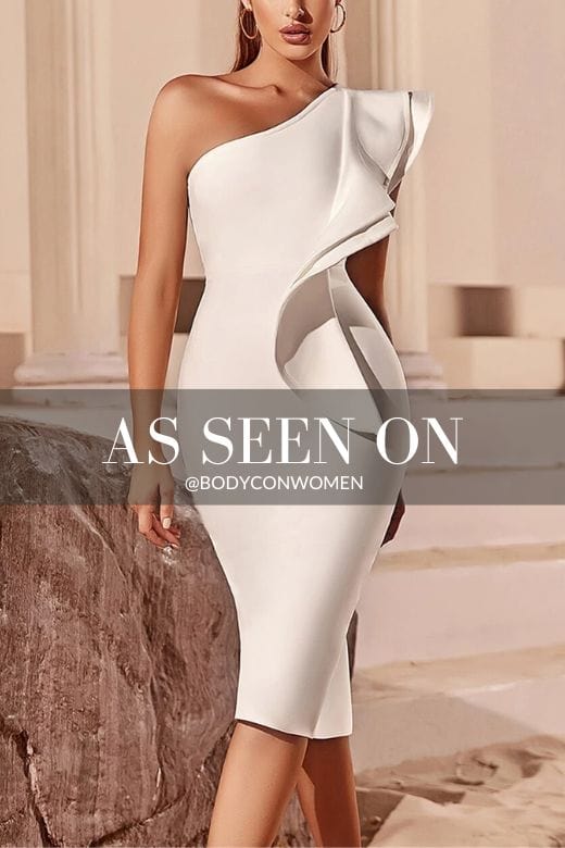 Woman wearing a figure flattering  Vera Bandage Midi Dress - Pearl White BODYCON COLLECTION