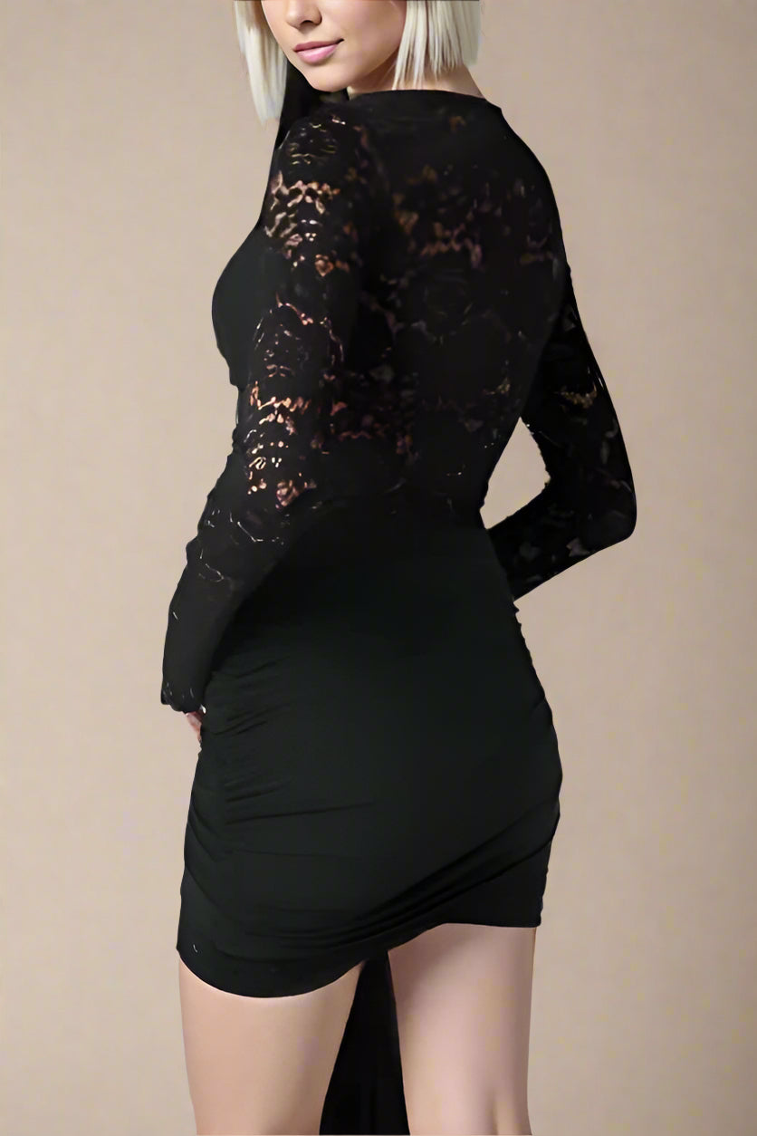 Woman wearing a figure flattering  Vera Long Sleeve Bodycon Wrap Mini Dress - Classic Black BODYCON COLLECTION
