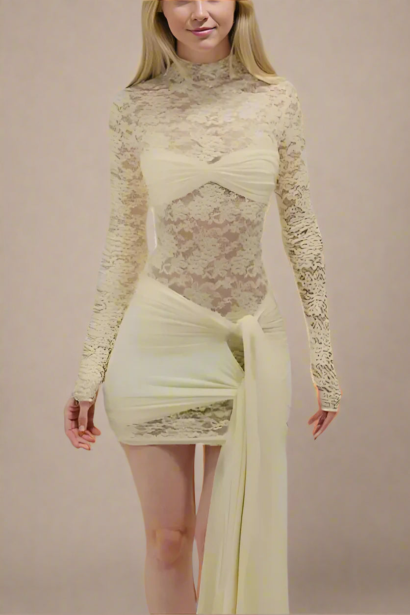 Woman wearing a figure flattering  Vera Long Sleeve Bodycon Wrap Mini Dress - Cream BODYCON COLLECTION
